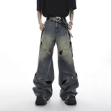 Jinquedai  Wide Leg Jeans Pants Men Street wear Baggy Distressed Denim Trousers Male Oversize Hollow Out Casual Korean Hip Hop jinquedai