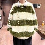 Jinquedai Japanese Striped Men Sweater Loose Color Block Wearing Rope Mink Velvet Round Neck Knit Tops Hip Hop Trendy Men Pullover Autumn jinquedai