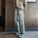 Jinquedai Harajuku Muti-pockets Cargo Jeans Men's Washed Patchwork Straight Casual Trousers Couple Streetwear Loose Fashion Pants jinquedai