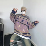 Y2K Star Sweater Men Harajuku Striped Knitted Pullovers Jumpers Male Tops Oversize Purple Winter Streetwear Hip Hop jinquedai