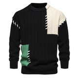 Jinquedai 2025 Patchwork Knitted Sweater Male Casual Men Clothing Black Spliced Pullovers Korean Fashion Streetwear Long Sleeve Jumpers