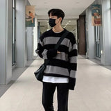 Knitted Light Luxury Pullovers Sweater Men Casual Striped Vintage Loose O Neck Solid Color Long Sleeve Coat Streetwear jinquedai