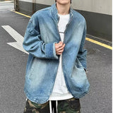 Jinquedai Washed Stand Collar Denim Jacket Men Fashion Street Japanese Harajuku Zipper Cowboy Cardigan Retro Trendy Loose Spring Coats jinquedai