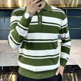 Jinquedai Autumn Winter New Light Luxury Men's Long Sleeved Knitted Sweater Fashionable Casual Versatile Striped Lapel Polo Sweater Trend jinquedai