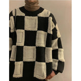 Winter Korean Fashion Mens Pullovers Checkerboard Plaid Sweater Thick Warm Cashmere Sweater Men Luxury Patchwork Pull Homme jinquedai