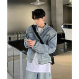 Jinquedai Autumn Denim Set Men Denim Jacket +Wide Leg Straight Jeans Casual Loose Solid Color Korean Style Street Stand Collar 2pcs Suit jinquedai