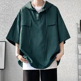 Jinquedai 5 Colors Summer Hooded T shirt Men Korean Half Sleeve Pullover Streetwear Loose T-shirt Tops Drawstring Men Clothing 5XL-M jinquedai