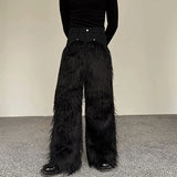 Autumn Winter Men's Trousers Personality Long Wool Denim Spliced Straight Leg Wide Leg Casual Pants Niche Design New jinquedai