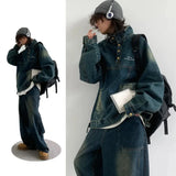 Jinquedai Retro Denim Set Men Loose Vintage Cowboy Hooded Pullover +wide-leg Jeans Male 2-piece Set Japanese Street Spring Autumn Suits jinquedai