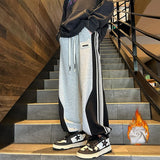 Jinquedai Baggy Casual Side Stripe Men Sweatpants Thicken Warm Korean Style Patchwork Color Clash Sports Pants Harajuku Man Trousers jinquedai