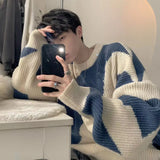 Autumn O-Neck Knit Sweater for Men Cow Patchwork Pullover Men Loose Casual Harajuku  Korean Fashion Mens Oversized Sweater jinquedai