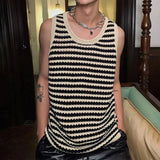 Jinquedai Striped Knitted Summer Tanks Tops Men's O-Neck Korean Knitwear Shirts Sleeveless Streetwear Loose Top Vintage Cropped Sexy jinquedai