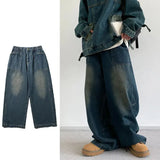 Jinquedai Retro Denim Set Men Loose Vintage Cowboy Hooded Pullover +wide-leg Jeans Male 2-piece Set Japanese Street Spring Autumn Suits jinquedai