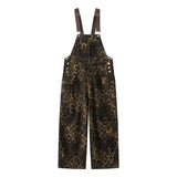 Jinquedai 2024 Spring New Leopard Pattern Sling Pants Men American Retro Street Wide Leg Couple Jumpsuit Big Pocket Buttons Camisole Pants jinquedai