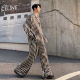 Jinquedai spring summer fashion trend stripe contrast color satin shoulder pad shirt men's suit straight wide leg pants two-piece set jinquedai