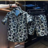 Jinquedai Ethnic Style Scalding Gold Flower Shirts And Shorts Two Piece Set Mens Fashion Short Sleeved Suits Summer Casual Loose Outfits jinquedai