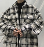 Plaid Long-sleeved Shirt Men's Single-breasted Spring Autumn Loose Warm Thick Woolen Coat Pocket Buttons Turndown Collar Shirts jinquedai