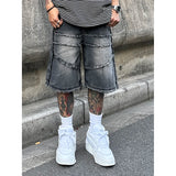 Jinquedai American High Street Men's Wide Leg Denim Shorts Summer  New Fashion Casual Baggy Short Jeans Male Chic Burrs Clothes jinquedai