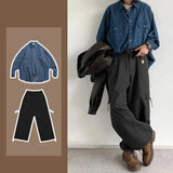 Jinquedai 2024 Spring Casual Men Set Retro Simplicity Pocket Denim Shirt+big Pocket Street Hip-hop Cargo Pants 2-pcs Japanese Fashion Suit jinquedai