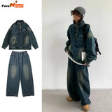 Jinquedai Retro Denim Set Men Loose Vintage Cowboy Hooded Pullover +wide-leg Jeans Male 2-piece Set Japanese Street Spring Autumn Suits jinquedai