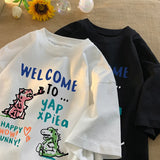 Jinquedai Cartoon Dinosaur Pattern T-shirt y2k Tops 2024 Summer Round Neck Printed Short Sleeve Harajuku Couple T-shirt Casual Homewear jinquedai