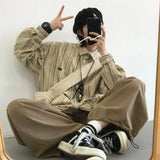 Jinquedai College Retro Men  Two-piece Japanese Casual Set Loose Striped Shirt+large Pocket Drawstring Wide Leg Pants New Unisex Suit jinquedai