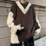 American Niche Irregular Design Sweater Men Fake Two Piece Pullover Fur Top Contrast Color Male Tops Fashion jinquedai