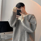 Jinquedai  Striped Knitted Sweater Coat Men Japanese Oversize Casual Autumn Winter Loose O-neck Pullovers for Man Street wear jinquedai