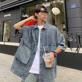 Jinquedai American Retro Men Denim Shirt Washed Multi Pockets Hip Hop Short Sleeved Cowboy Tooling Jackets High Street Trend Tops Summer jinquedai