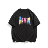 Jinquedai Korean Trend Colorful Letter Printed T-Shirt Harajuku Style Short Sleeve Tee Shirt Men Women Tops Plus Size Unisex Tshirts jinquedai