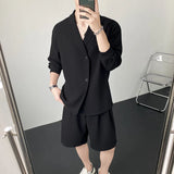 Jinquedai Summer Black/White Sets Men Fashion Long-sleeved Shirt Shorts Two-piece Men Korean Casual Loose Plaid Sets Mens Suit M-2XL jinquedai