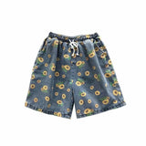 Jinquedai Summer Denim Shorts Men Fashion Drawstring Retro Flower Shorts Men Streetwear Hip-hop Loose Print Denim Shorts Mens Beach Shorts jinquedai