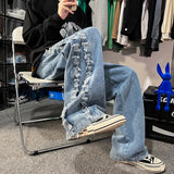 Jinquedai Burrs Jeans Men's Fashion Hiphop High Street Straight Pants Harajuku Loose Casual Streetwear Elastic Waist Denim Trousers jinquedai