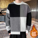 Jinquedai Round Neck Sweater Men's Autumn and Winter New Trend Loose Thick Warm Base Knitted Sweater Handsome Color Blocked Sweater jinquedai