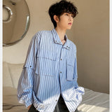 Jinquedai Korean Casual Striped Men Shirt College Fashion Loose Long Sleeved Tops Cotton Removable Sleeves Drawstring Shirt Jacket Male jinquedai