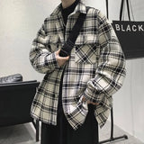 Plaid Long-sleeved Shirt Men's Single-breasted Spring Autumn Loose Warm Thick Woolen Coat Pocket Buttons Turndown Collar Shirts jinquedai