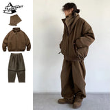 Jinquedai Winter Retro Set Men Women Thickened Warm Lightweight Parka+Loose Straight-leg Wide-leg Casual Cargo Pants Japanese Unisex Suit jinquedai