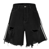 Jinquedai Side Striped Ripped Denim Shorts Trend Fashion Tassel Black Jeans Pants Men Summer Casual Streetwear Unisex Hip Hop Y2K Shorts jinquedai