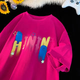 Jinquedai Korean Trend Colorful Letter Printed T-Shirt Harajuku Style Short Sleeve Tee Shirt Men Women Tops Plus Size Unisex Tshirts jinquedai