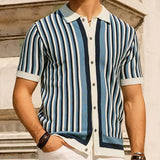 Jinquedai Summer Men's Light Luxury Button-down Leisure Knit Polo Shirt Popular Retro  Short Sleeve Streetwear Fashion Patchwork Knitwear jinquedai