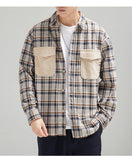 Jinquedai Harajuku Men Corduroy Plaid Shirts Fashion Lapel Button Up Tops Male Patchwork Chest Pocket Long Sleeve Cargo Shirt Jackets jinquedai