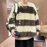 Jinquedai Japanese Striped Men Sweater Loose Color Block Wearing Rope Mink Velvet Round Neck Knit Tops Hip Hop Trendy Men Pullover Autumn jinquedai