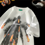 Jinquedai Flame Print T-Shirt 2024 Tide Men's Short Sleeve Tops Hip Hop Streetwear Black White Flame T-shirt Couple Tees Men Women jinquedai