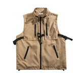 Jinquedai Multi Pocket Motorcycle Men Vest Jacket Spring New Retro Standing Collar Sleeveless Coats Zipper Outdoor Camping Tooling Tops jinquedai