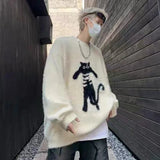 Jinquedai New Vintage Cartoon Cat Sweaters Men Autumn Japanese Harajuku Loose Pullover Street Y2k Trend Soft Glutinous Male Knitted Top jinquedai