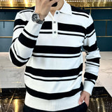 Jinquedai Autumn Winter New Light Luxury Men's Long Sleeved Knitted Sweater Fashionable Casual Versatile Striped Lapel Polo Sweater Trend jinquedai