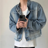 Jinquedai Men Hip-hop Denim Jacket Gradient Rough Edge Shoulder Pads Cowboy Coat Single Breasted Short Fashion Casual Men Outwear New jinquedai