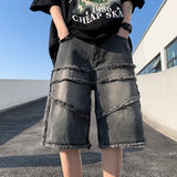Jinquedai American High Street Men's Wide Leg Denim Shorts Summer  New Fashion Casual Baggy Short Jeans Male Chic Burrs Clothes