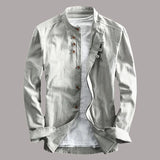 Jinquedai Vintage Style Men Cotton Linen Shirt Harajuku Stand Collar Long Sleeve Slim Fit Solid Color Man Simple Breathable Classical Tops jinquedai