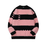 Jinquedai Japanese Striped Men Sweater Loose Color Block Wearing Rope Mink Velvet Round Neck Knit Tops Hip Hop Trendy Men Pullover Autumn jinquedai